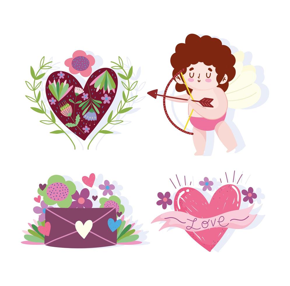 amo cupido, carta, flores de coração e decoração floral vetor