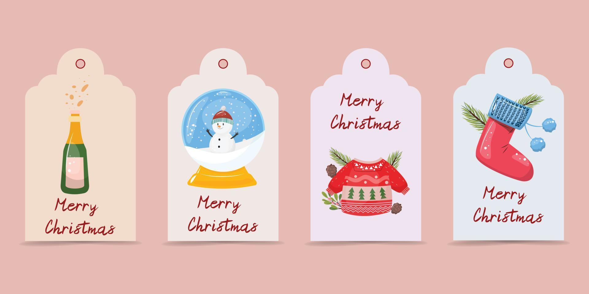 coleção de etiquetas de presente de natal com garrafa de champanhe, boneco de neve, pulôver e meia de papai noel para quaisquer fins de design decorativo. ilustração plana bonito dos desenhos animados para o natal. vetor