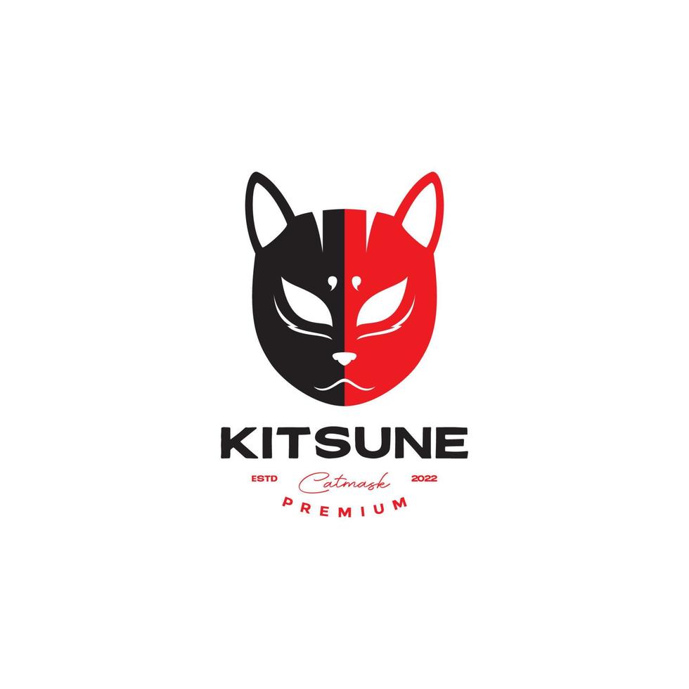 máscara de gato facial kitsune design de logotipo vintage vetor