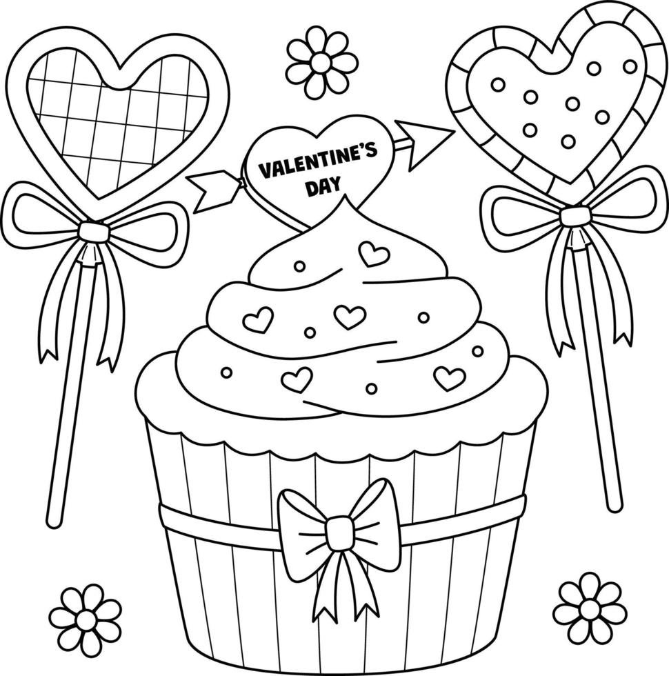 desenho de cupcake e doces de dia dos namorados para colorir vetor