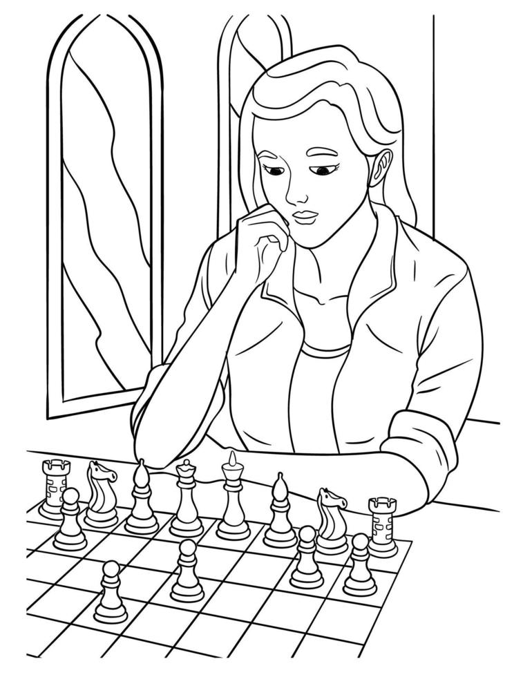 Desenho de Rapariga a jogar xadrez para colorir