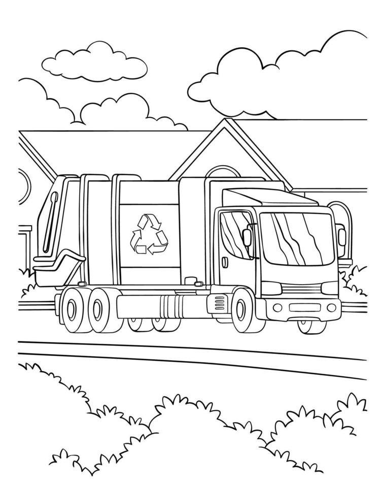 página para colorir de caminhão de lixo para crianças vetor