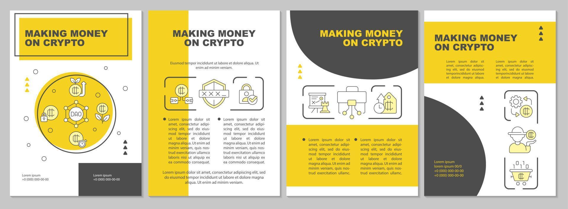 ganhar dinheiro no modelo de brochura amarela criptográfica. blockchain. design de folheto com ícones lineares. 4 layouts vetoriais editáveis para apresentação, relatórios anuais. vetor