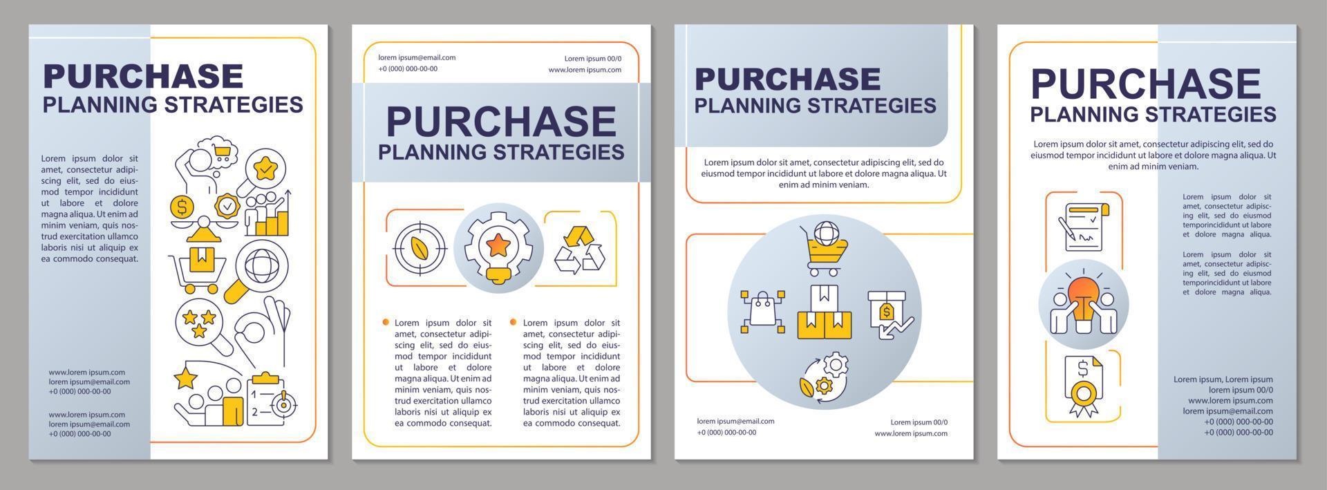 modelo de folheto cinza de estratégias de planejamento de compras. design de folheto com ícones lineares. 4 layouts vetoriais editáveis para apresentação, relatórios anuais. vetor