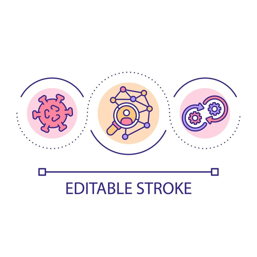 rastreamento de contatos do ícone do conceito de loop de pessoas infectadas. prevenção de disseminação. ilustração de linha fina de ideia abstrata de saúde e medicina. desenho de contorno isolado. traço editável. vetor