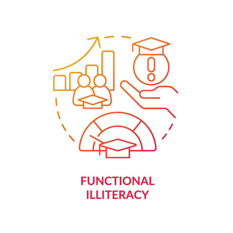 ícone de conceito gradiente vermelho analfabetismo funcional. pessoal não profissional. efeito social de superlotação idéia abstrata ilustração de linha fina. desenho de contorno isolado. vetor