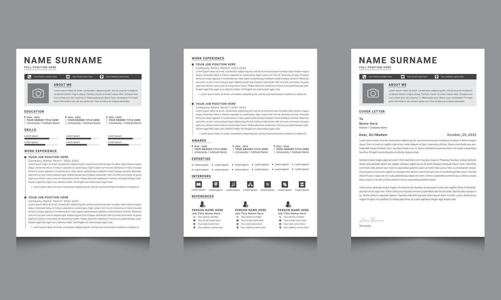 layouts de cv limpos e profissionais conjunto mínimo de currículo e carta de apresentação vetor