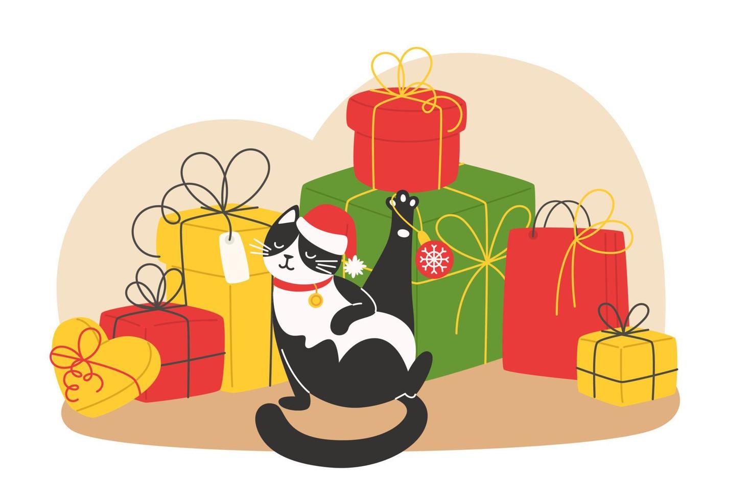 Cat senta -se ao lado de uma montanha de presentes de Natal vetor