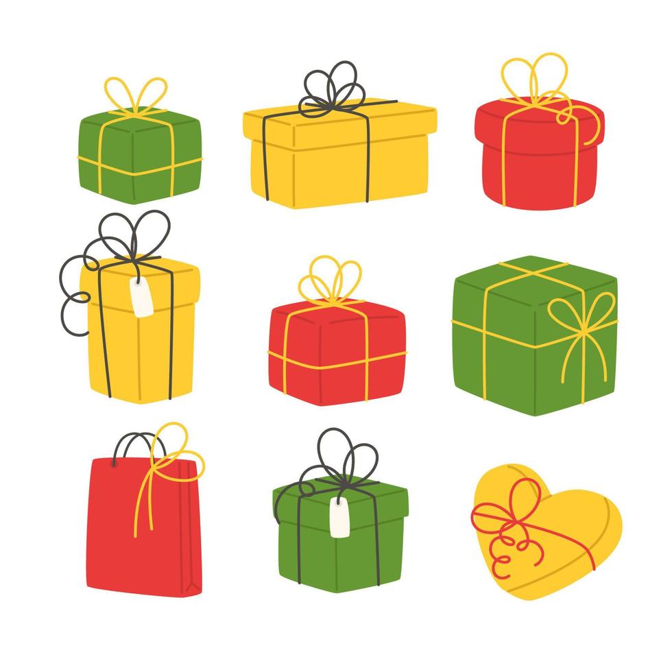 Caixas de presente de Natal com fitas em estilo plano vetor
