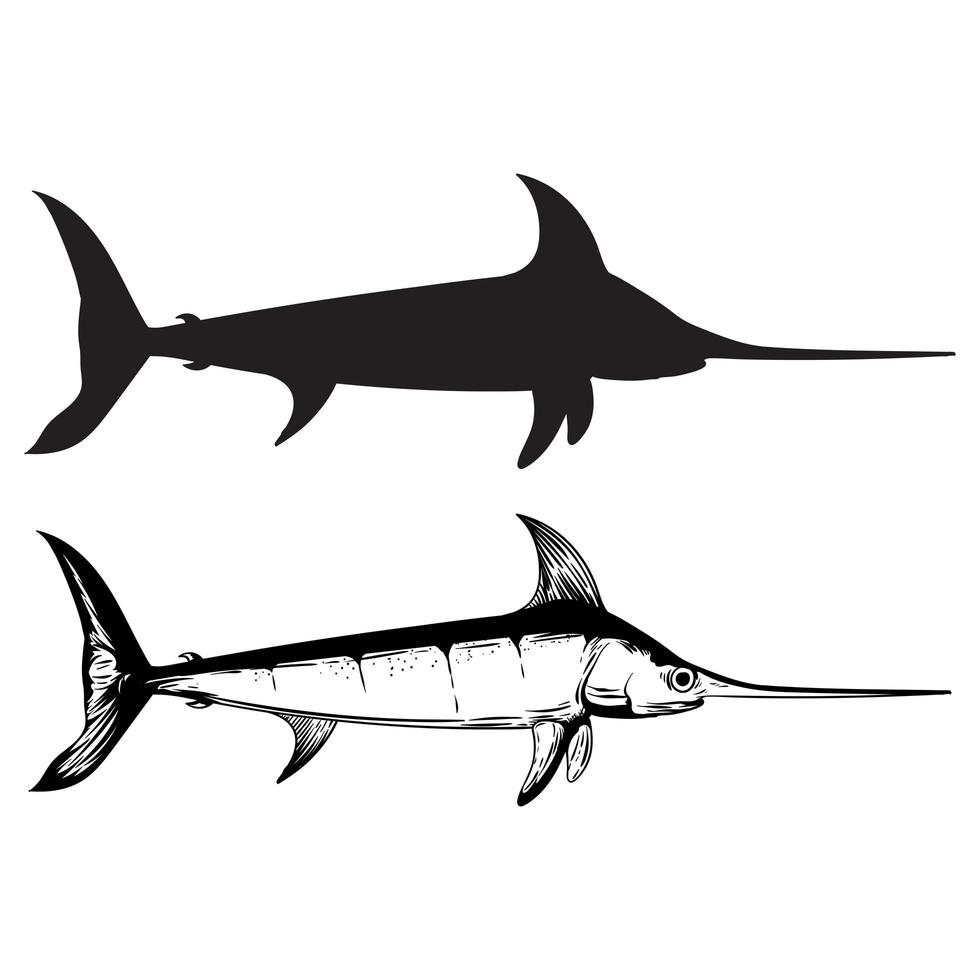 peixe-espada definido em preto, branco e silhueta vetor