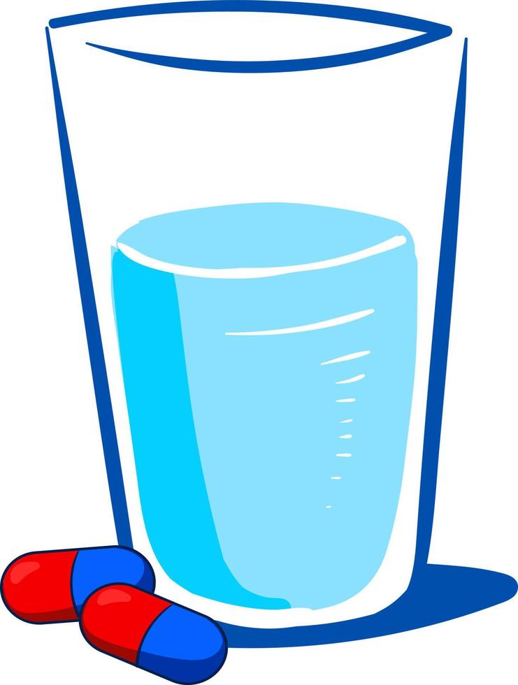 copo de água com pílulas, ilustração, vetor em fundo branco