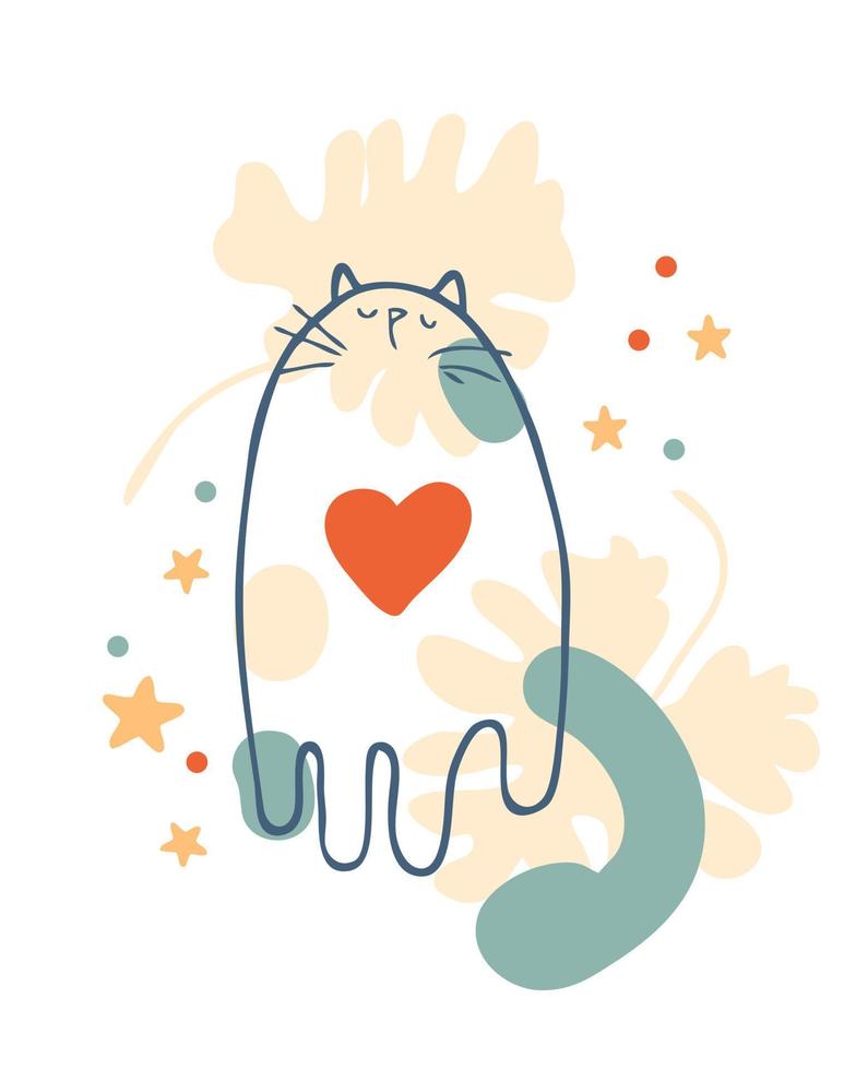 pôster romântico em estilo retrô com gato, coração, folhas de monstera e estrelas. vetor