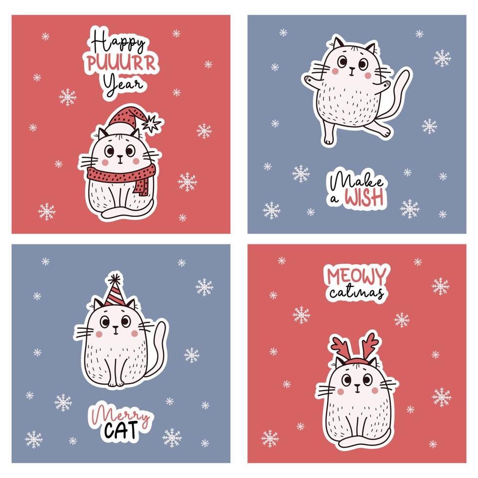 cartazes legais de natal com inscrições engraçadas de gatos fofos de inverno. ilustração vetorial. cartões quadrados em estilo cartoon para saudação de ano novo, cartões de natal, design e impressão. vetor