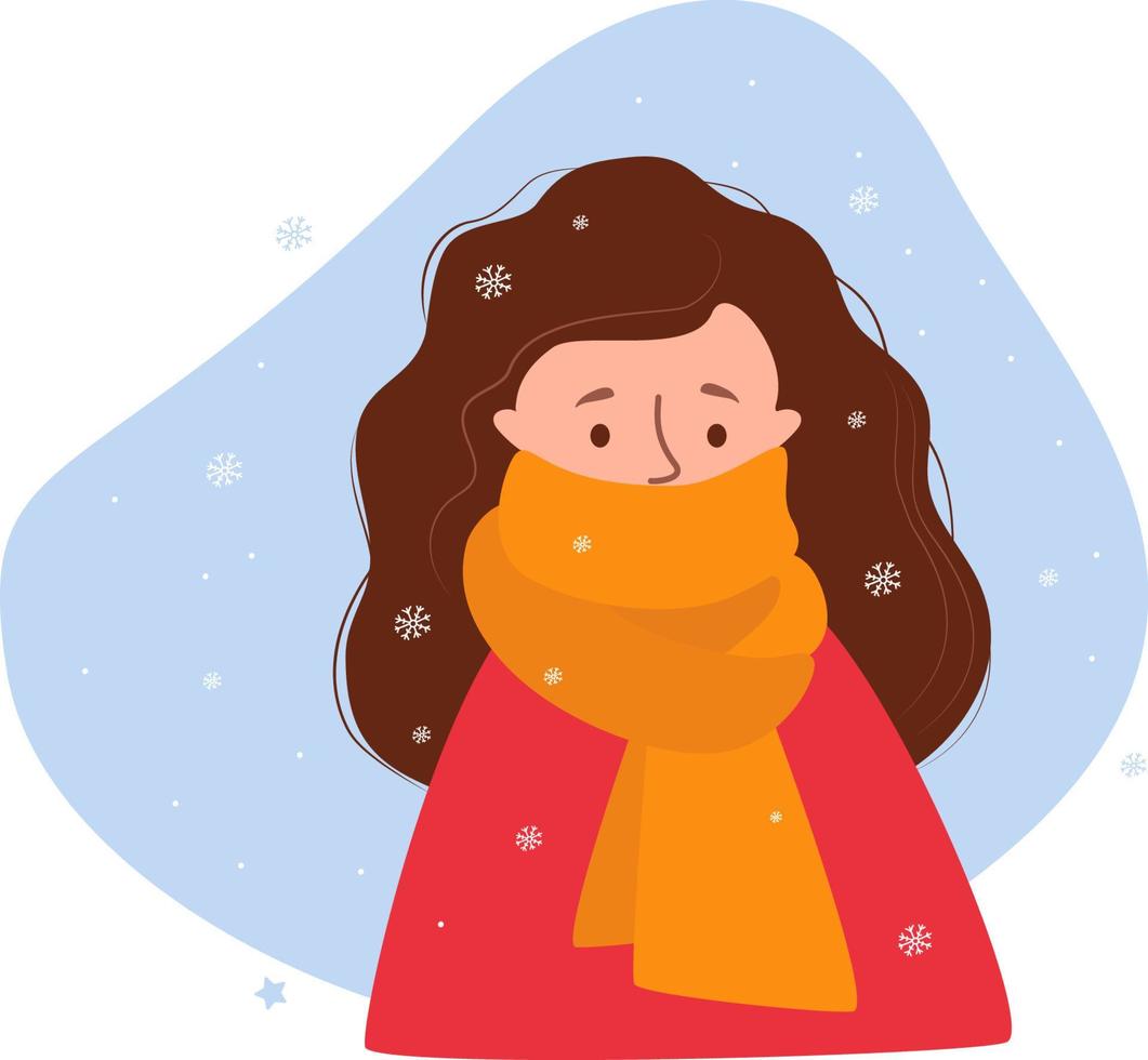 rosto de garota de inverno congelado. mulher de beleza embrulhada até o nariz no cachecol quente contra o fundo dos flocos de neve. ilustração vetorial. personagem em estilo simples para design de inverno, decoração vetor