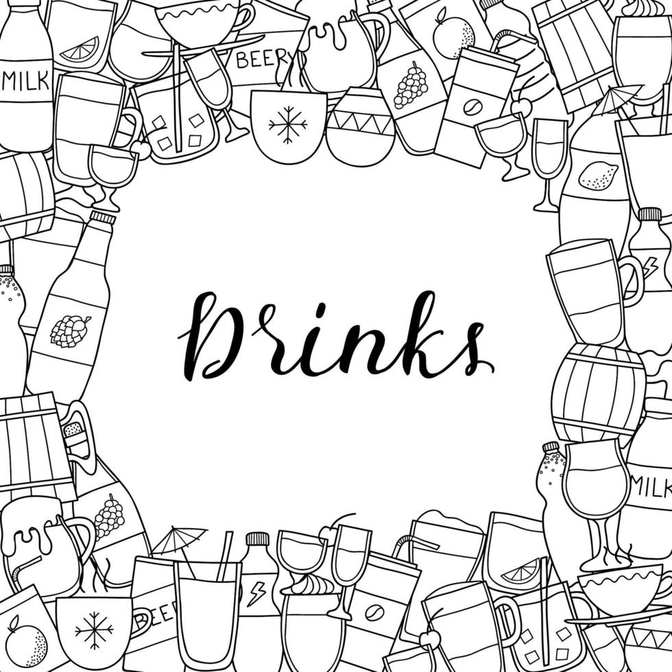 fundo quadrado com bebidas doodle. vetor