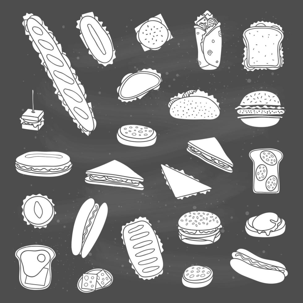 conjunto de sanduíches e hambúrgueres desenhados à mão. vetor
