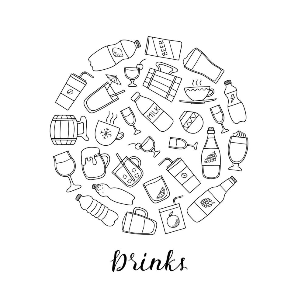 doodle bebidas em círculo. vetor