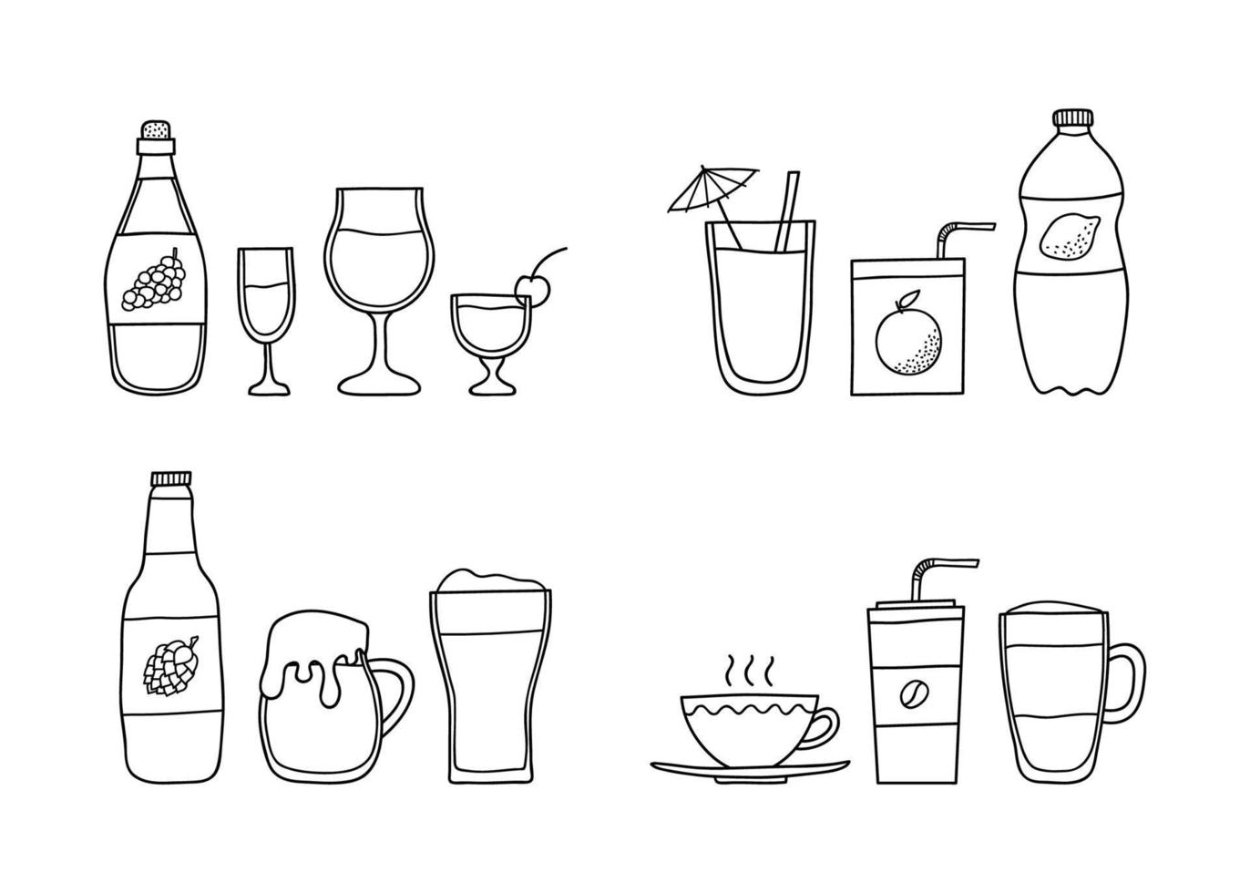 diferentes grupos de bebidas doodle. vetor