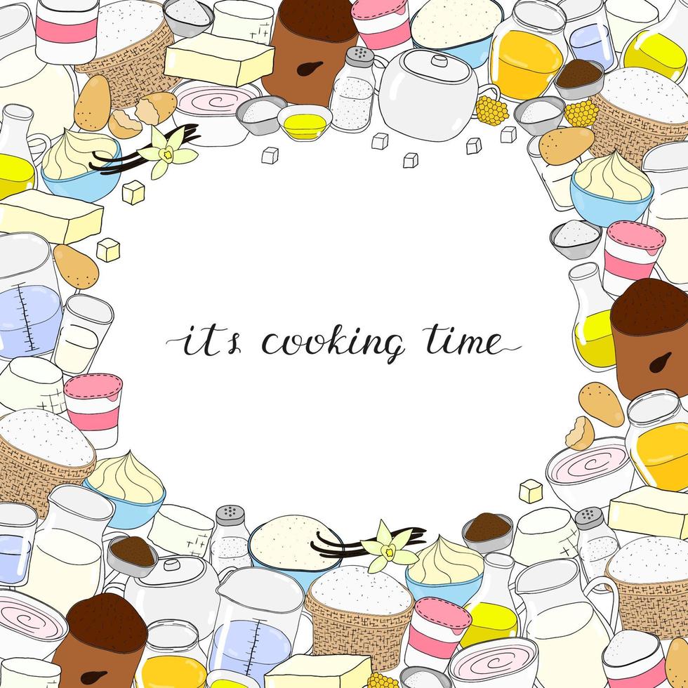 fundo com ingredientes de cozinha doodle. vetor