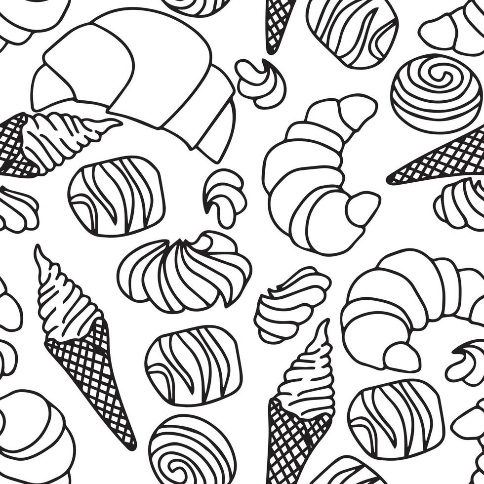 padrão perfeito com muitos croissants de doces, sorvetes, doces, merengue. mão desenhar doodle ilustração vetorial. vetor
