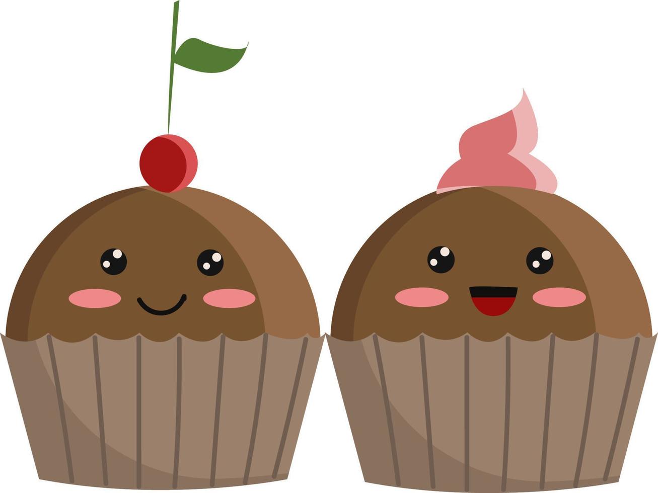 a 2 muffins com coberturas de cereja e creme, ilustração vetorial ou colorida. vetor