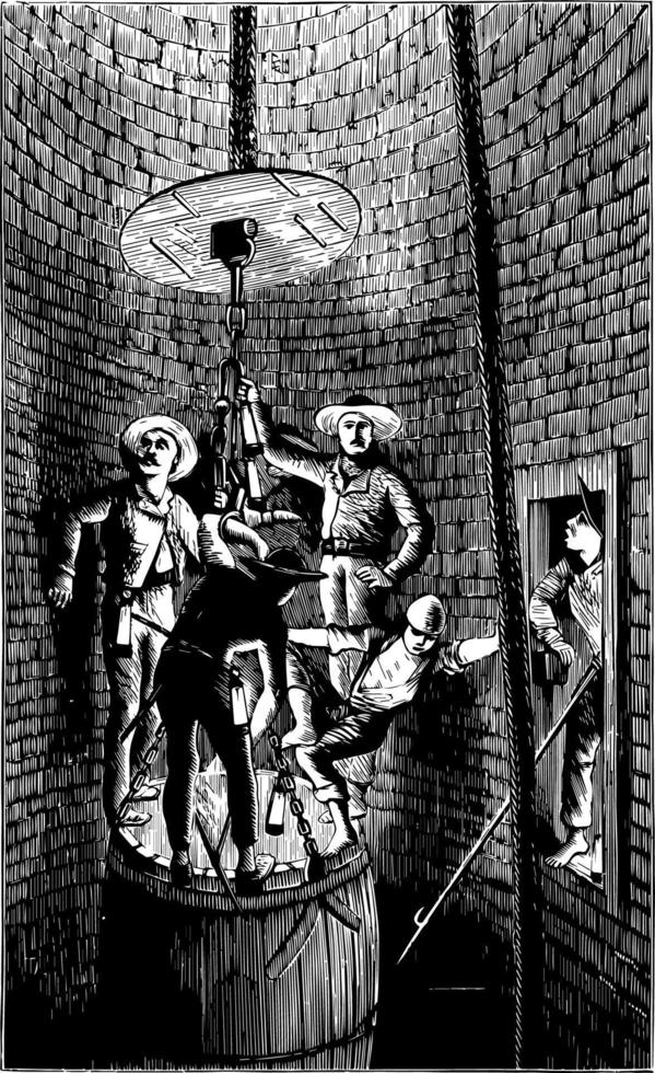 mineiros descendo um poço é gravura por bonhomme mostra o método de descida, gravura vintage. vetor