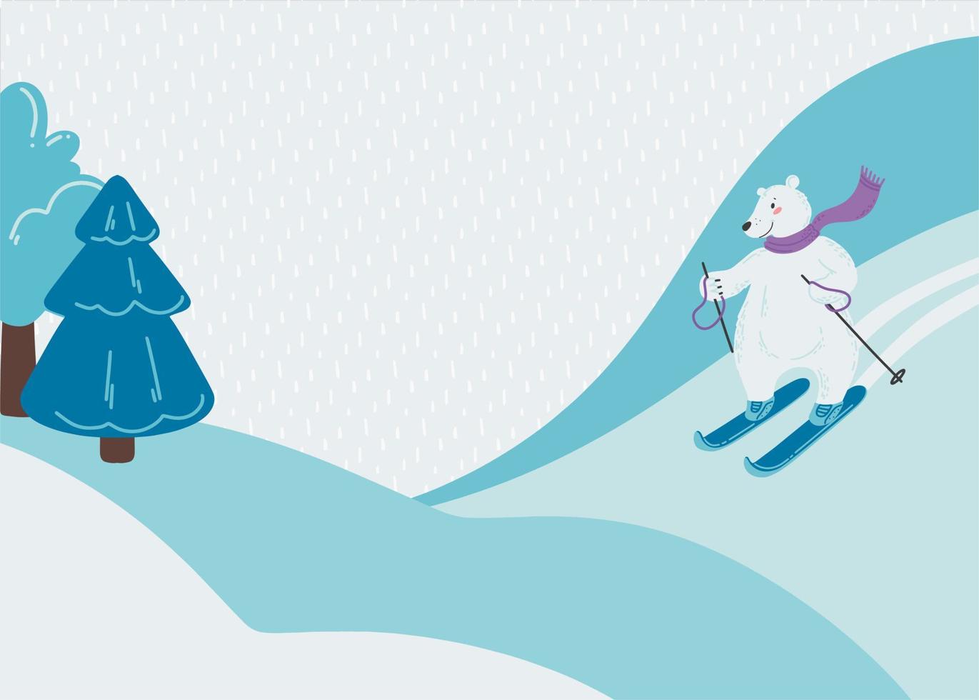 ilustração com um urso polar fofo que está esquiando. paisagem de inverno nevado. fundo sazonal com lugar para texto. ilustração vetorial em um estilo simples. vetor