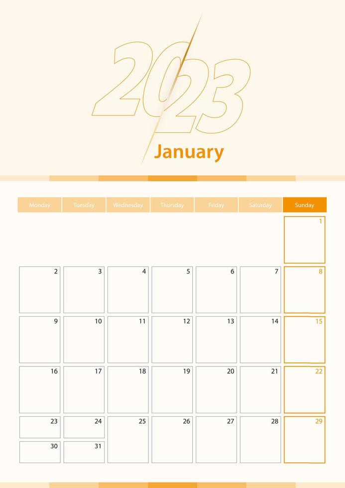 folha de calendário vertical de vetor moderno para janeiro de 2023, planejador em inglês.