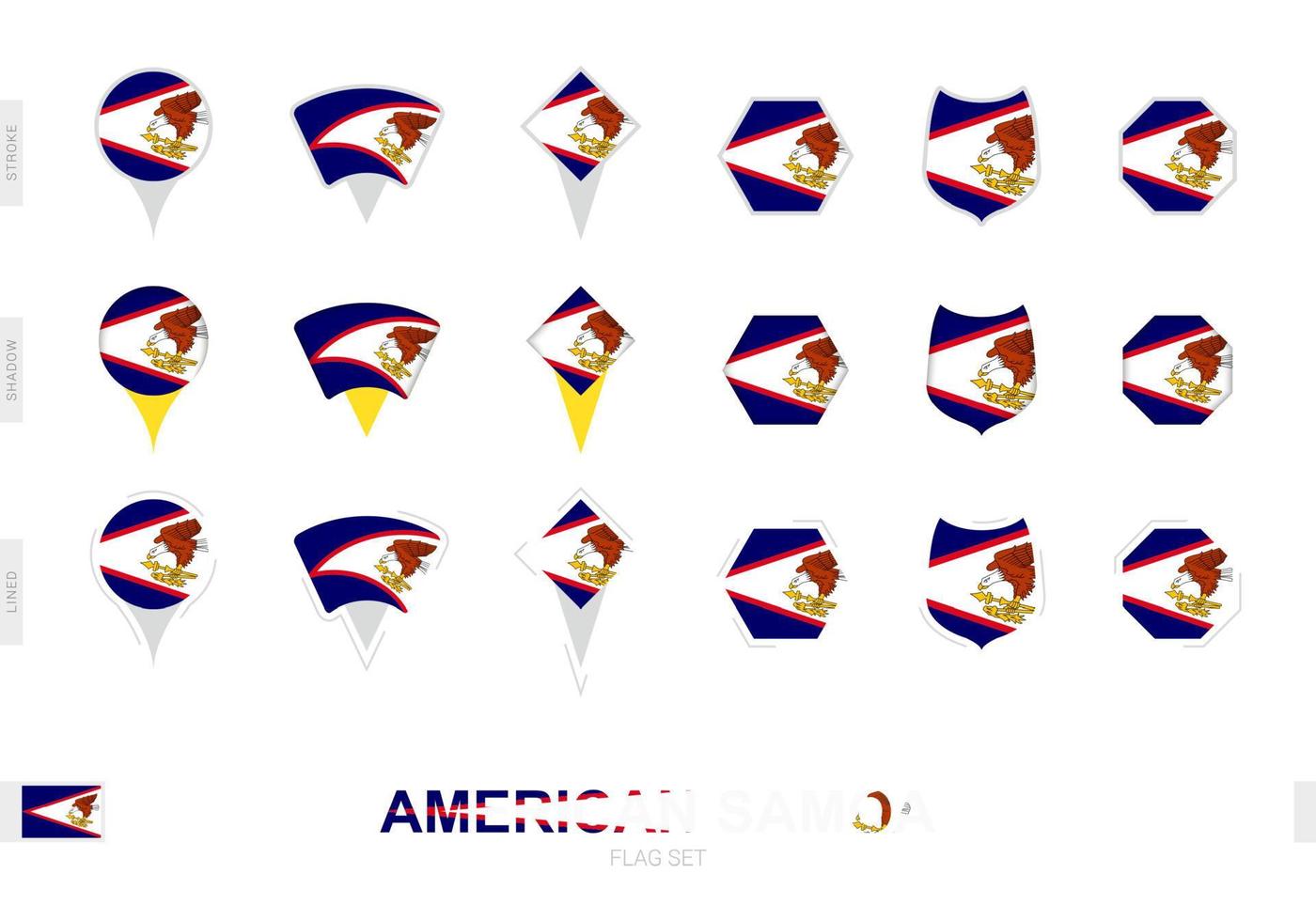 coleção da bandeira da samoa americana em diferentes formas e com três efeitos diferentes. vetor