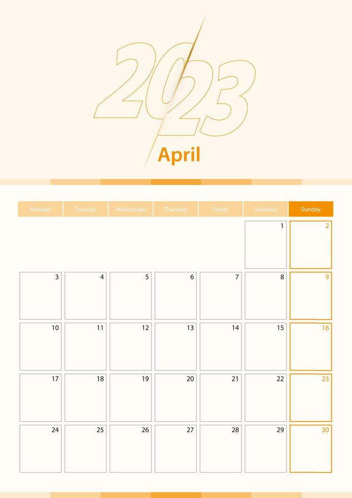 folha de calendário vertical vetor moderno para abril de 2023, planejador em inglês.