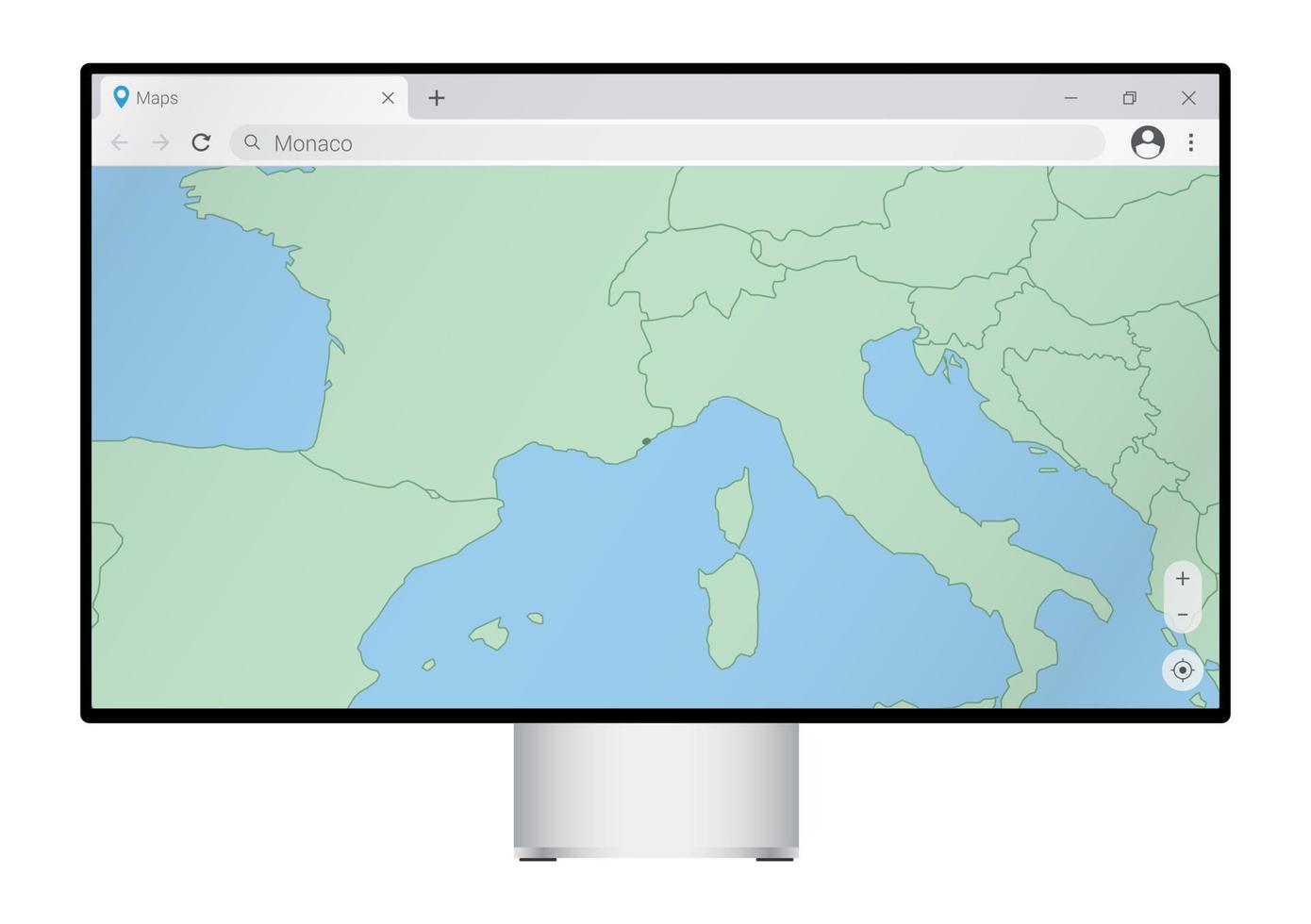 monitor de computador com mapa de mônaco no navegador, procure o país de mônaco no programa de mapeamento da web. vetor
