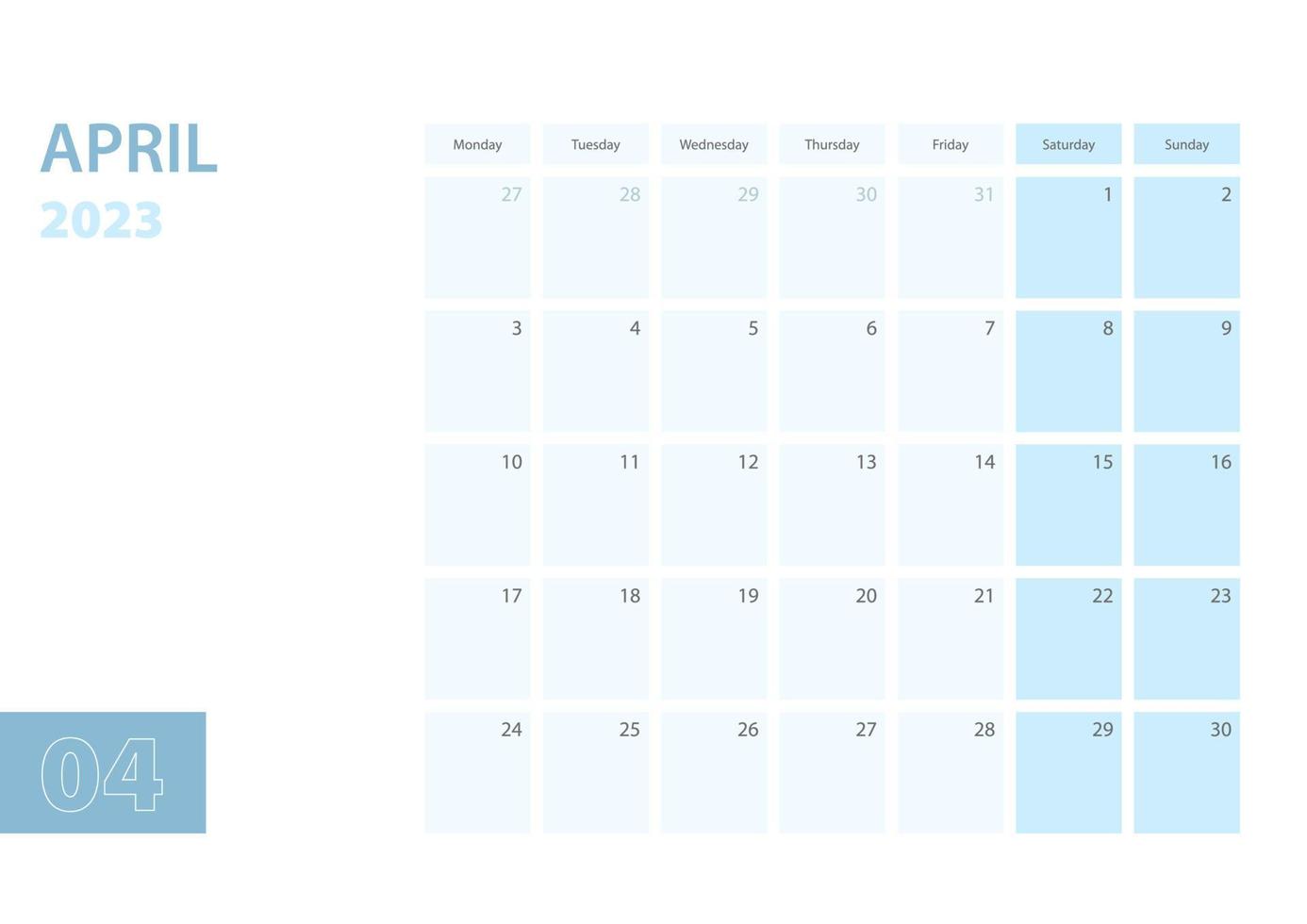 modelo de calendário para abril de 2023, a semana começa na segunda-feira. o calendário está em um esquema de cores azul. vetor