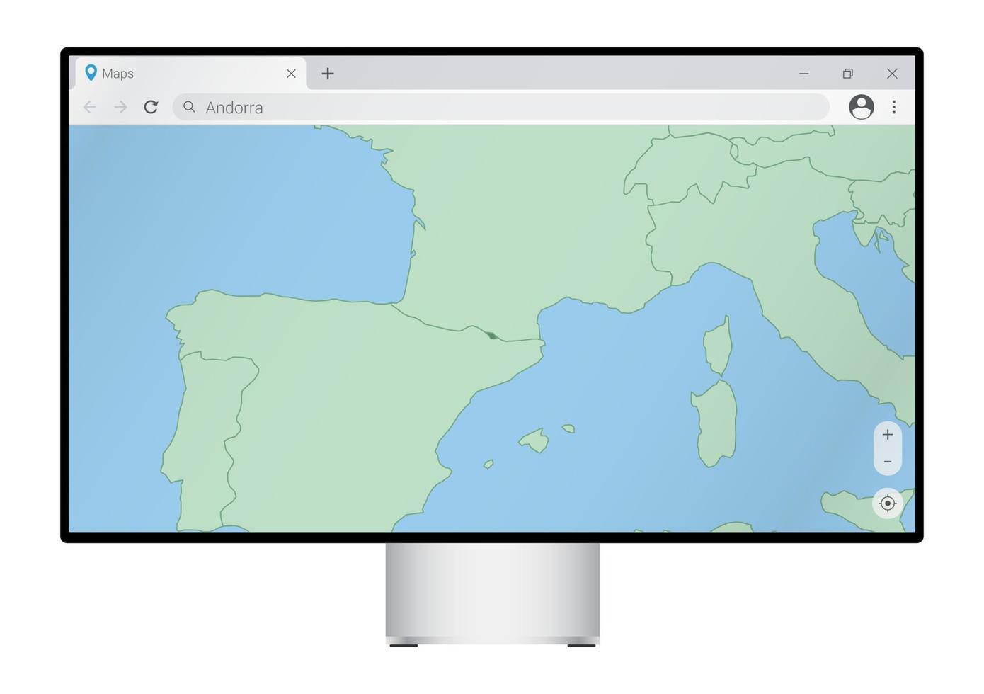 monitor de computador com mapa de andorra no navegador, procure o país de andorra no programa de mapeamento da web. vetor