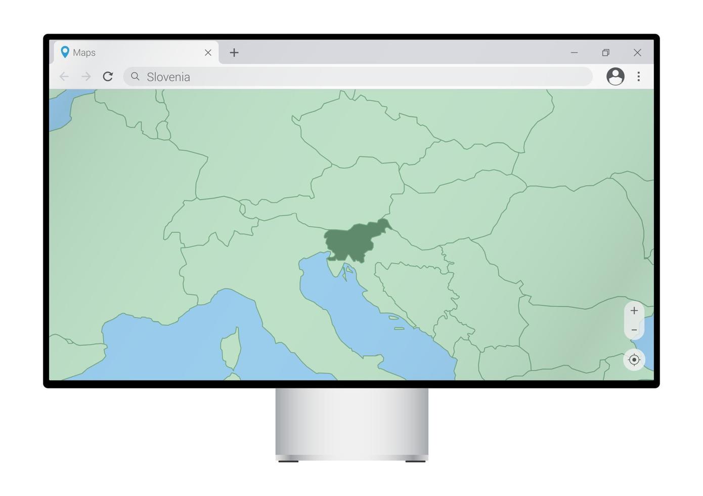 monitor de computador com mapa da eslovênia no navegador, procure o país da eslovênia no programa de mapeamento da web. vetor