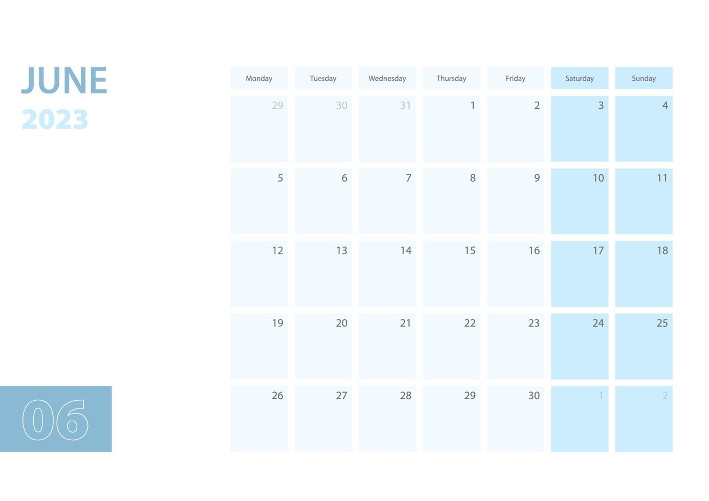 modelo de calendário para junho de 2023, a semana começa na segunda-feira. o calendário está em um esquema de cores azul. vetor