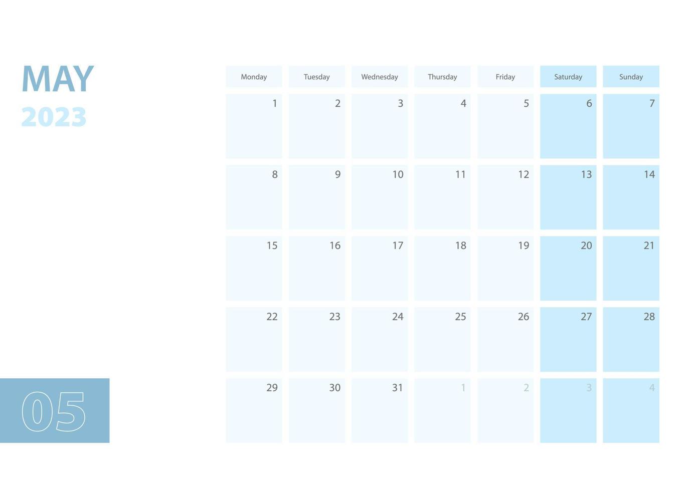 modelo de calendário para maio de 2023, a semana começa na segunda-feira. o calendário está em um esquema de cores azul. vetor