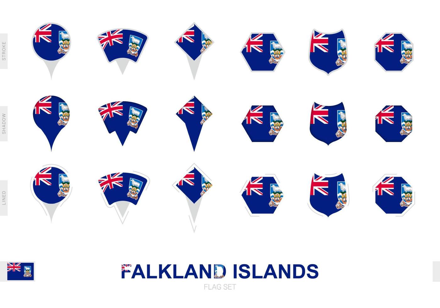 coleção da bandeira das ilhas falkland em diferentes formas e com três efeitos diferentes. vetor