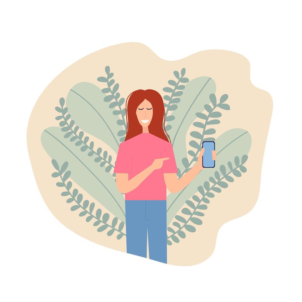 jovem mulher sorridente segurando o celular e mostrando o telefone de tela. fundo de folhas verdes. ilustração vetorial de estoque vetor