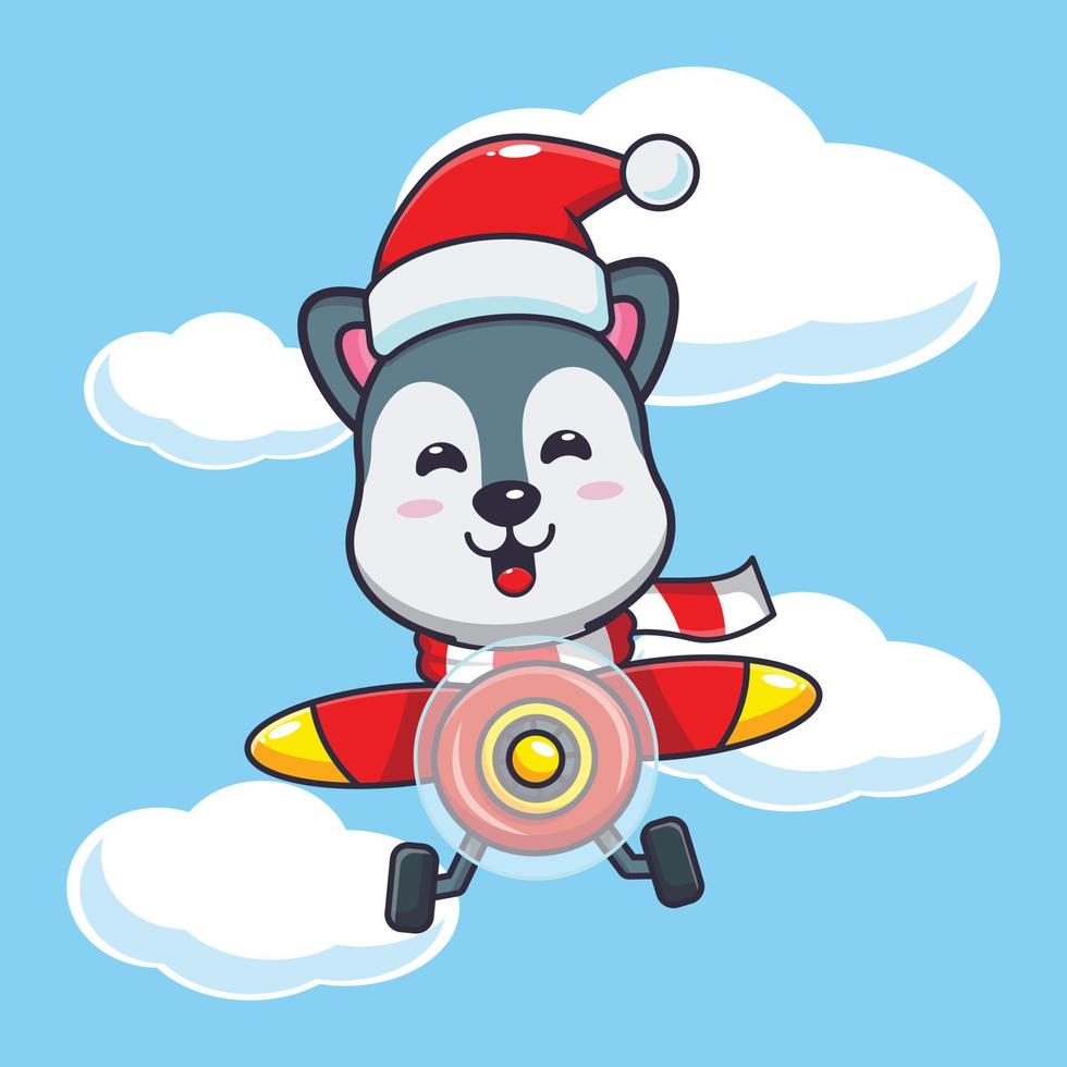 lobo fofo usando chapéu de Papai Noel voando com avião. ilustração de desenho animado de natal bonito. vetor