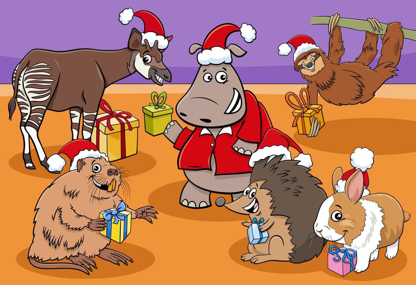 grupo de personagens de animais de desenho animado com presentes de natal vetor