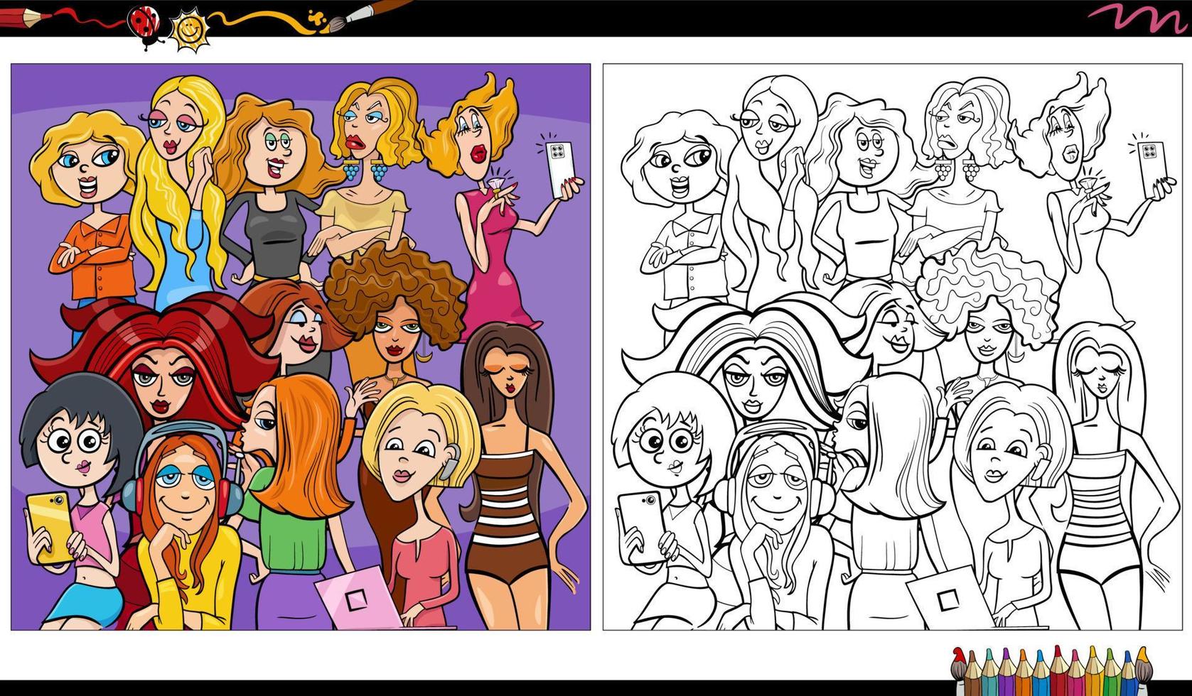 desenho de grupo de personagens de mulheres em quadrinhos engraçados para colorir vetor