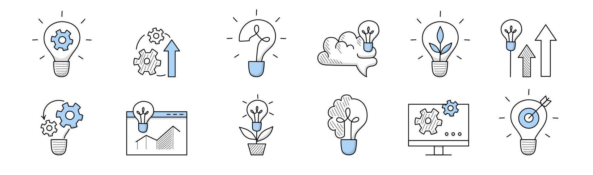ícones de ideia de negócio com lâmpada de contorno vetor