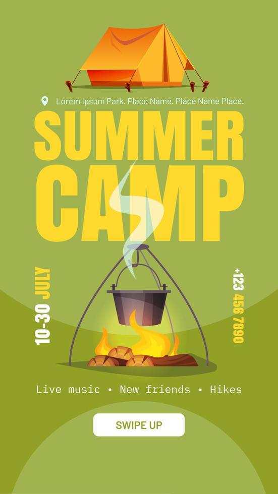 banner de acampamento de verão com tenda, fogueira e jogador vetor