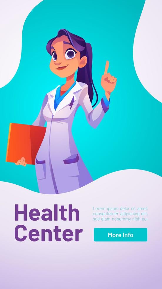 cartaz do centro de saúde com médica mulher vetor