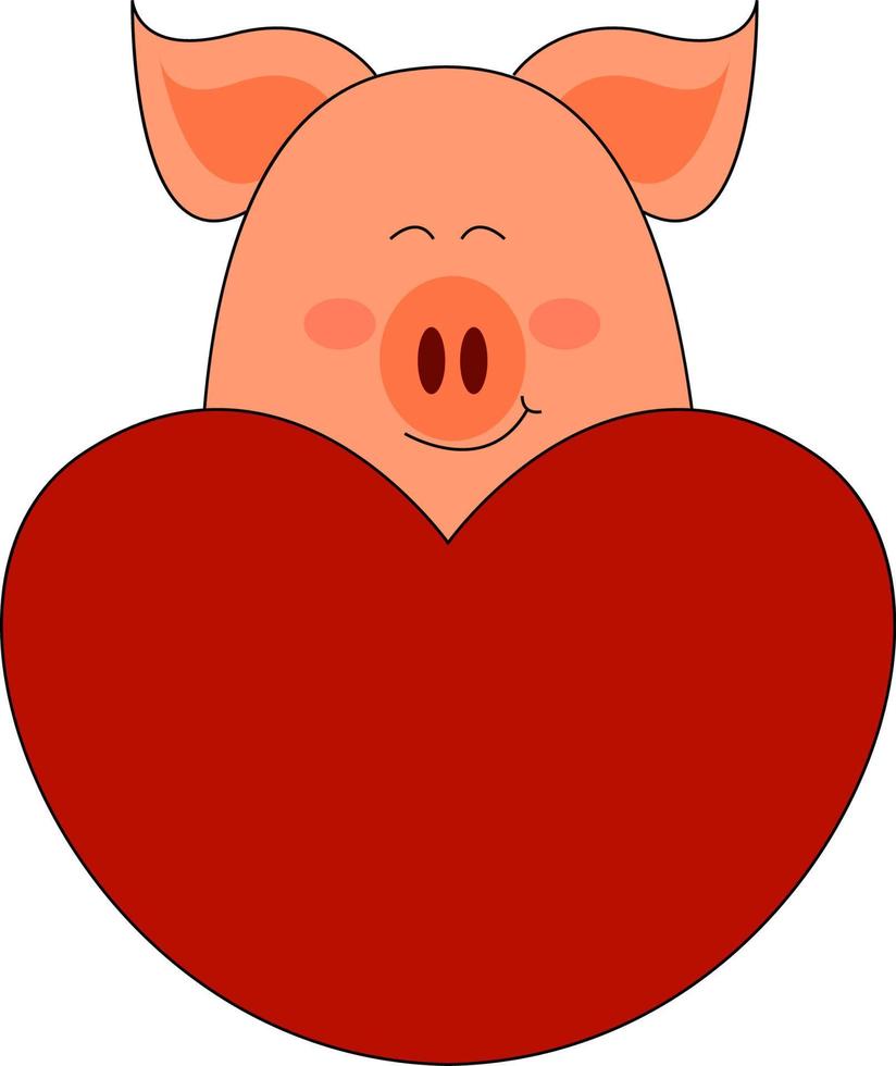 porco com coração vermelho, ilustração, vetor em fundo branco.