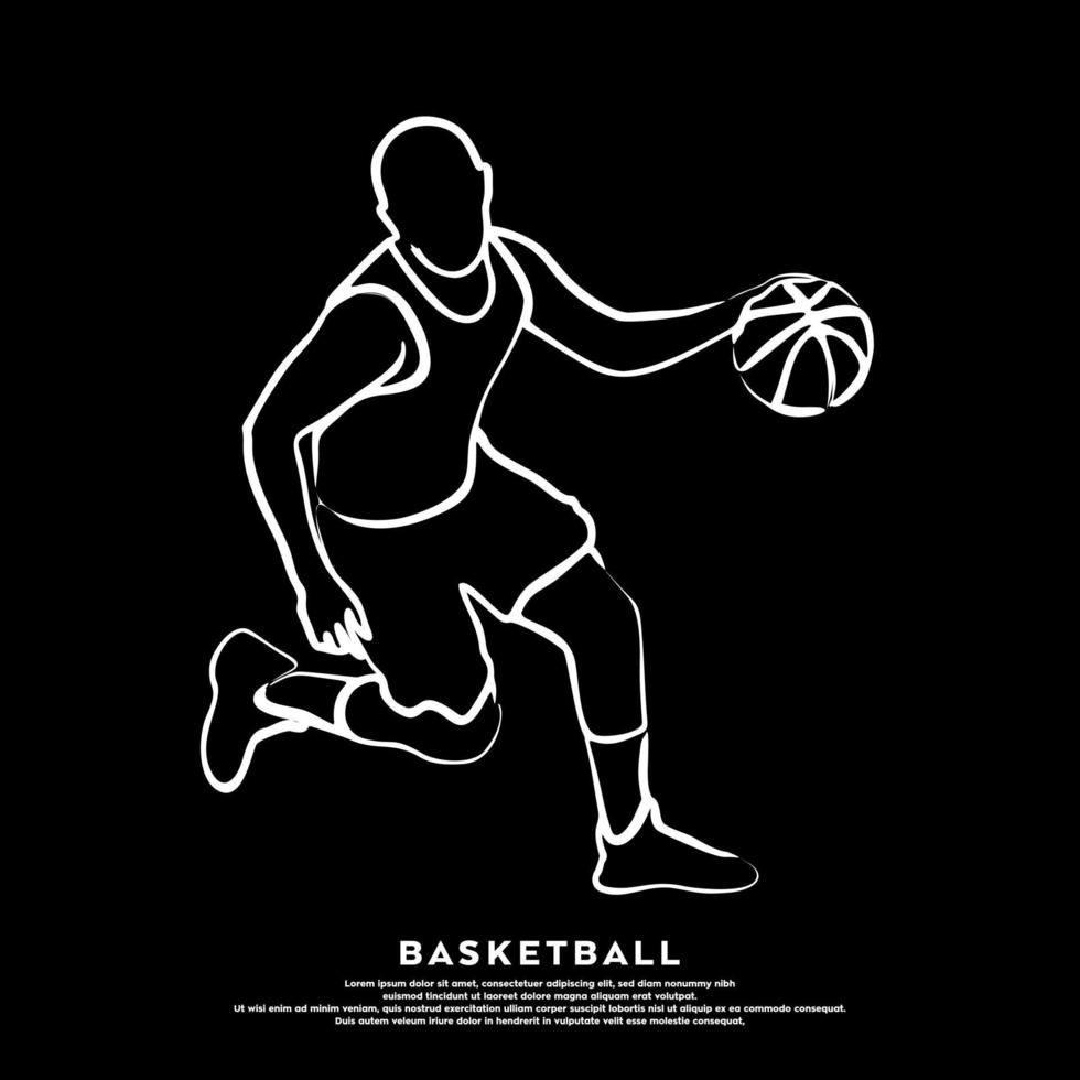 arte de linha branca de jogador de basquete profissional isolada em fundo preto vetor