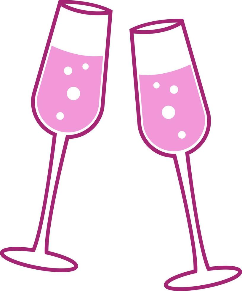 duas taças de champanhe rosa, ilustração, vetor em fundo branco.