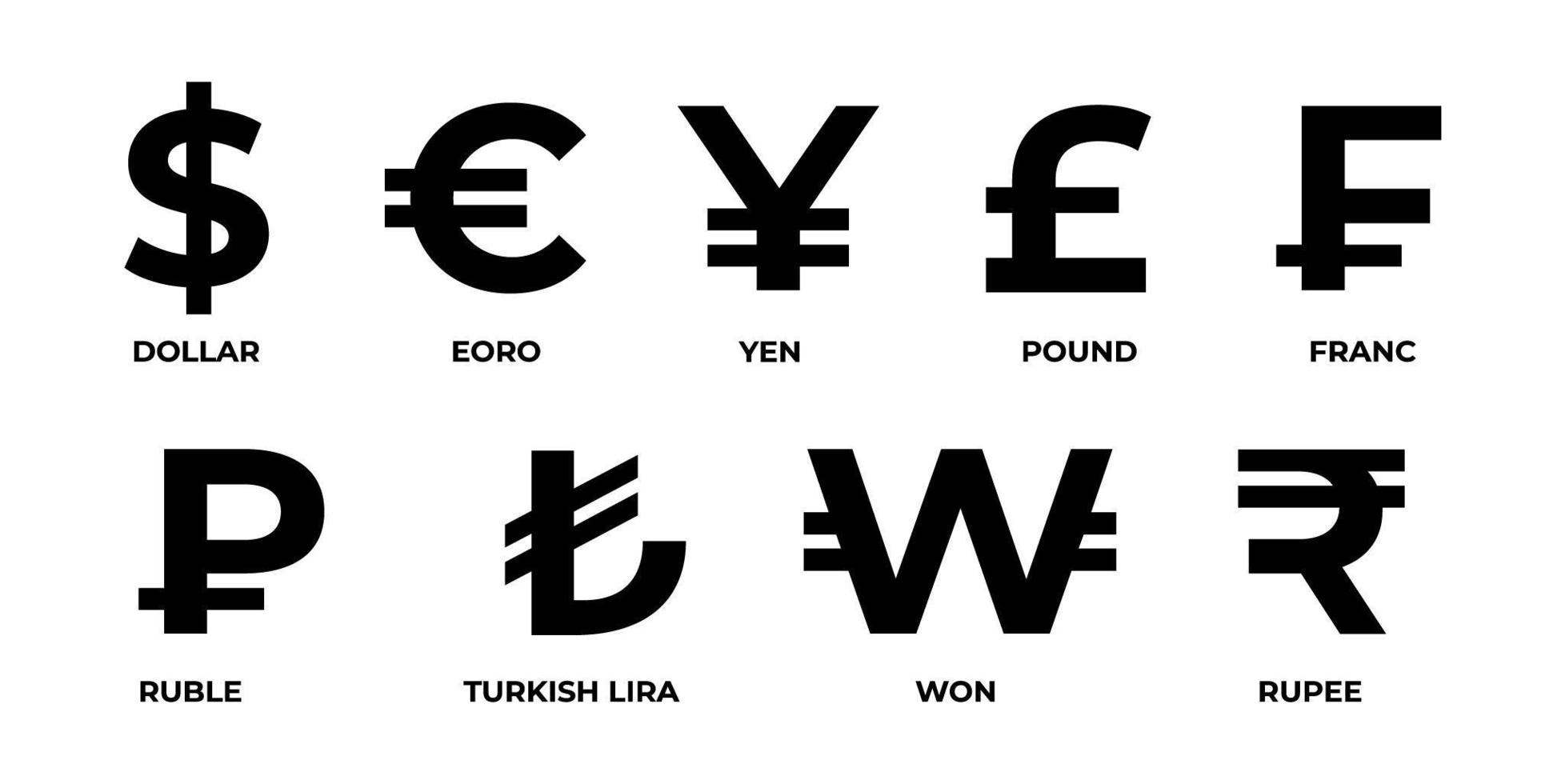 símbolos de moeda mundial mais usados vetor