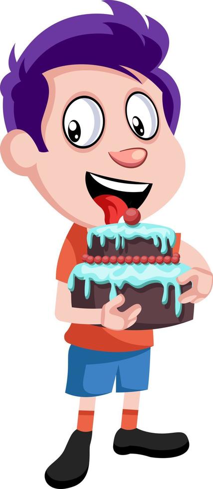 menino com bolo de aniversário, ilustração, vetor em fundo branco.