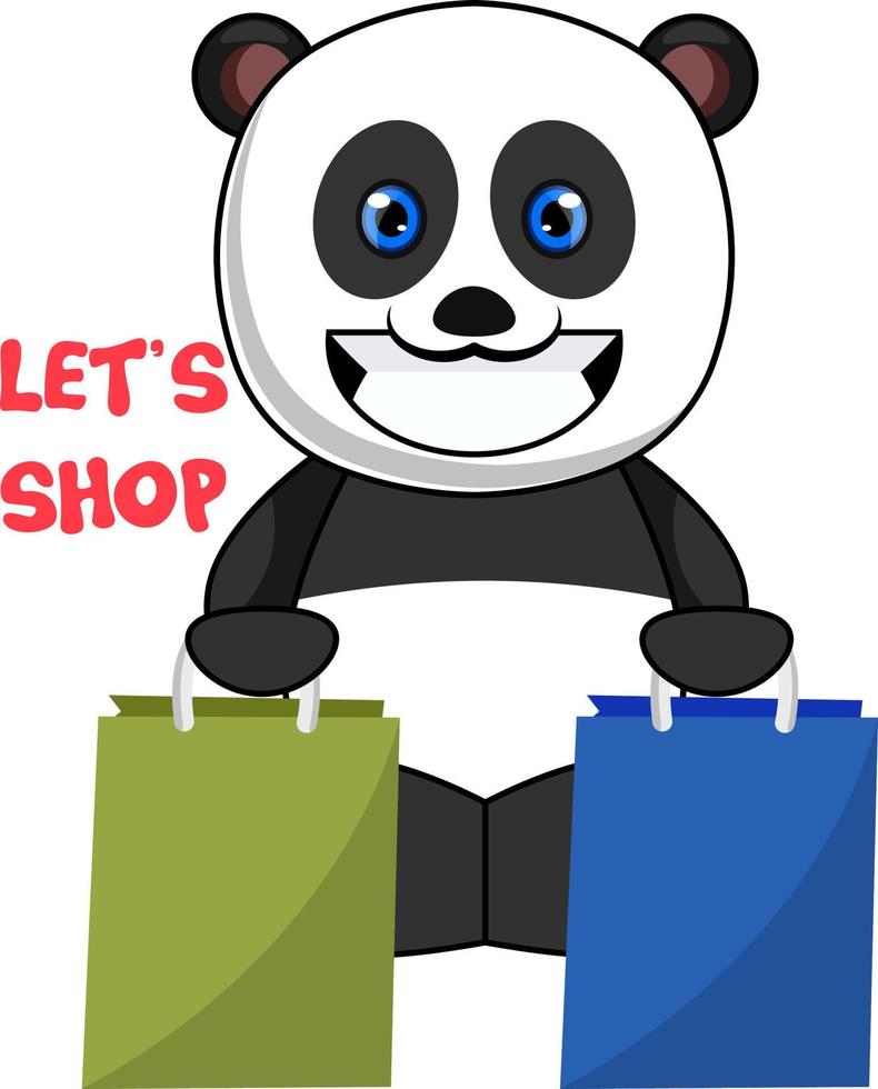 panda com sacolas de compras, ilustração, vetor em fundo branco.